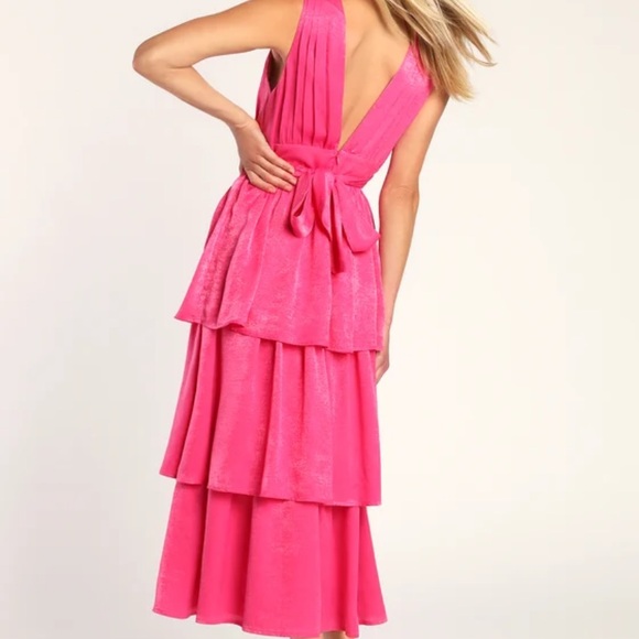 Peak Party Vibe Hot Pink Satin Tiered Tie-Back Midi Dress NWT - Picture 3 of 3